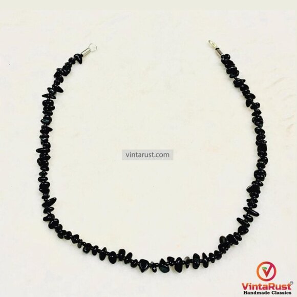 Boho Black Stone Necklace, Handmade Black Stone Beaded Necklace, Black Gemstone - Picture 1 of 4